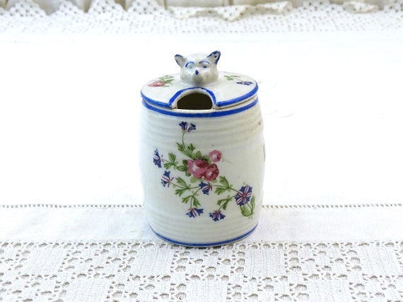 Antique French Porcelain China Condiment Lided Jar with Small Cats Head Final and Rose Flower Pattern, Retro Aniaml Themed Tableware France