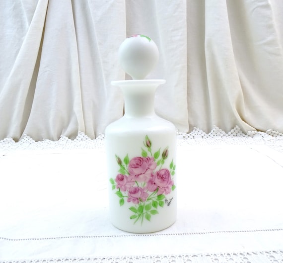 Vintage French Mid Century White Milk Glass Perfume Bottle With Hand Painted Pink Roses Pattern, Retro Opaline Bathroom / Washroom Decor