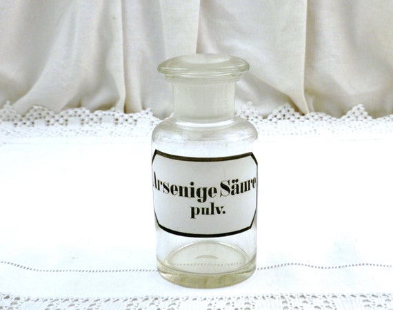 Antique German Apothecary Glass Bottle with Large Stopper White and Black Label Arsenige Säure Pulv  Arsenic Acid, Chemist Shop Poison Decor