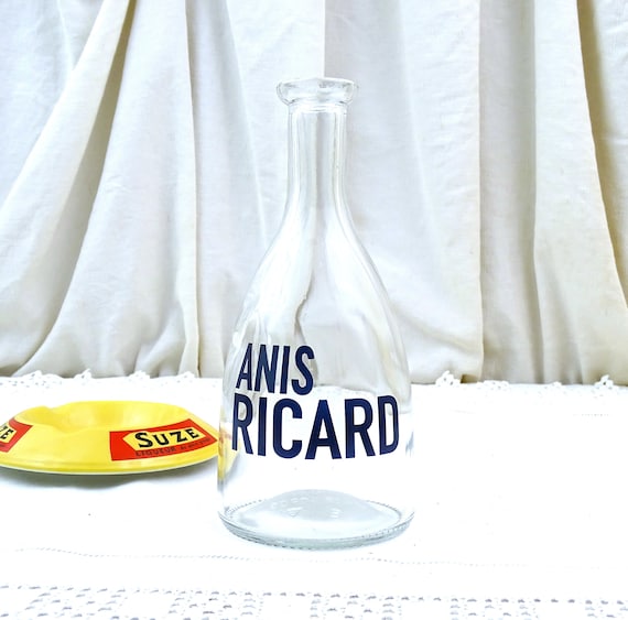 Vintage French Clear Glass Anis Ricard Water Carafe with Blue Lettering, Aperitif Drink Accessory from the South of France, Upcycled Vase