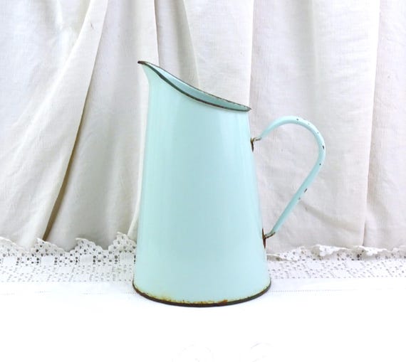 Antique French Mint Green Enamelware Pitcher, Retro Vintage Shabby Chateaucore Enamel Jug,  Farmhouse Rustic Cottagecore Shelf Chic Decor