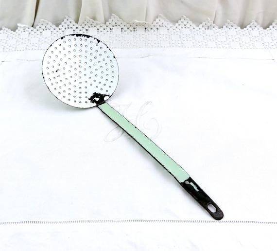 1 French Vintage Mint Green and White Enameled Metal Strainer, Retro Enamelware Serving Skimmer France, Farmhouse Enamel Kitchen Decor