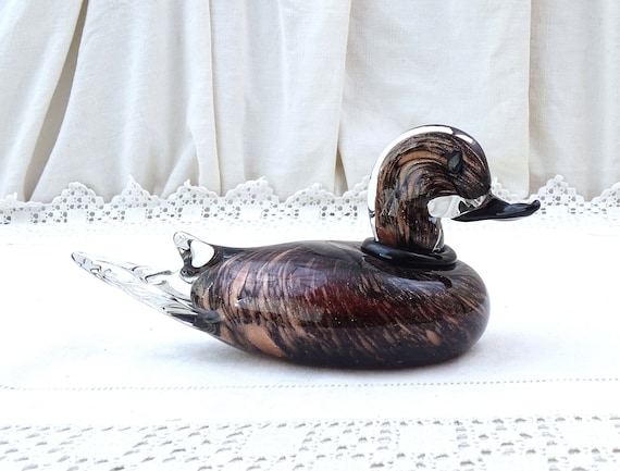 Vintage Murano Style Glass Duck Paper Weight Black with Gold Flecks, Retro Studio Glassware Ornamental Bird, Handmade Artisanal Figurine