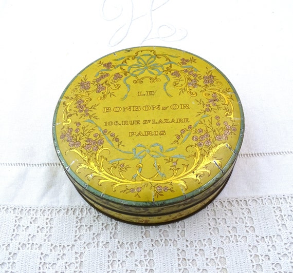 Antique French Round  Metal Tin For Bonbon D'Or in Yellow and Gold with Pink Rose Pattern, Retro Vintage Marie Antoinette Style Box Paris