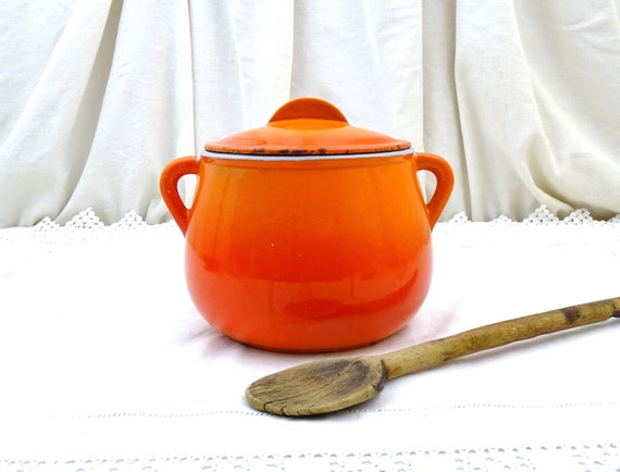 Vintage French Pot Bellied Cast Iron Cooking Pot in Bight Orange Enamel with 2 Side Handles , Retro Kitchenware Pan Accessory from France