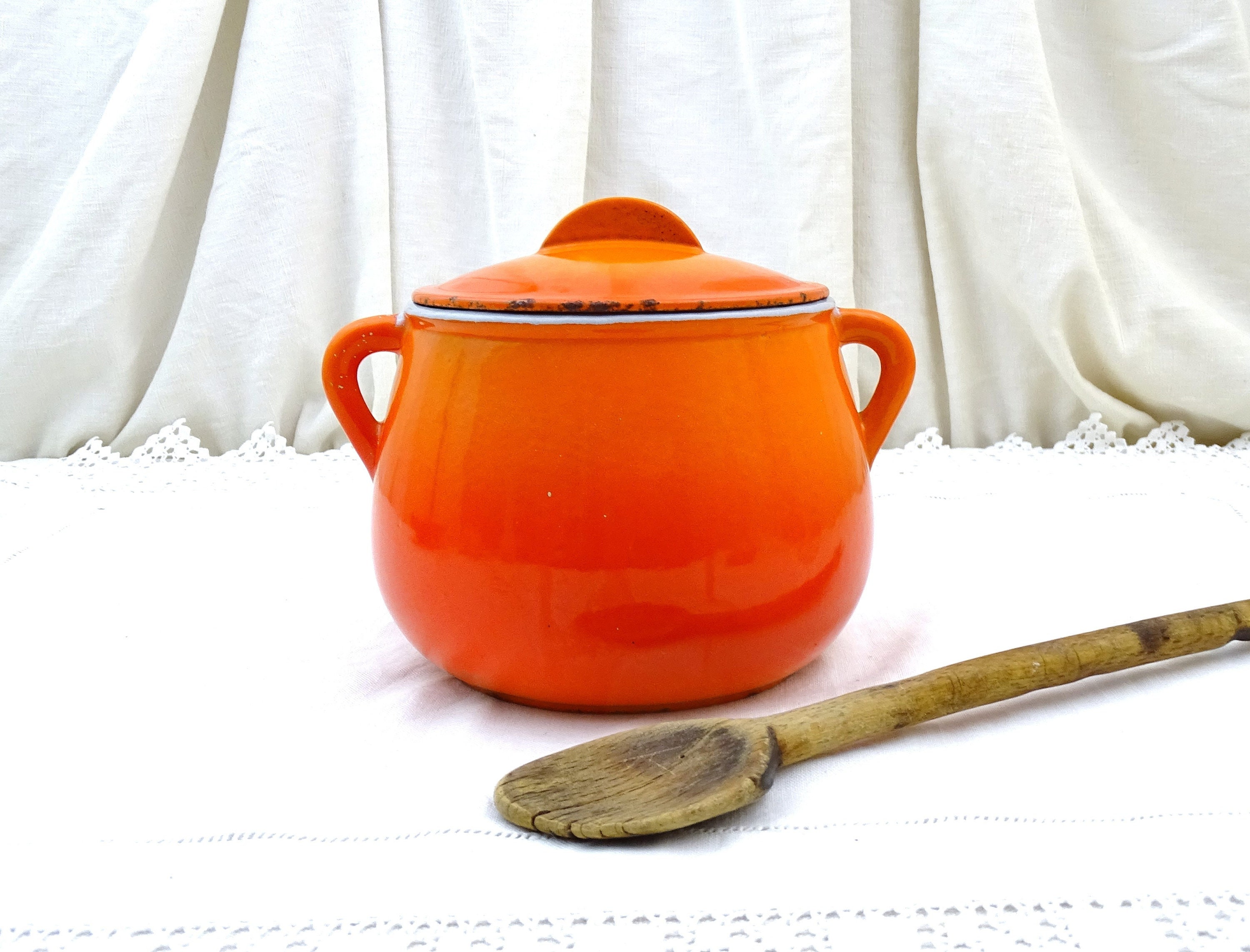 Vintage Orange Red France Cast-Iron Fondue Pot French Cookware￼