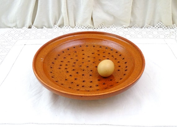 Large Antique French Rustic Earthenware Terracotta Pottery Strainer Plate, Vintage Kitchen Ceramic Colander Bowl Dish France, Cottagecore