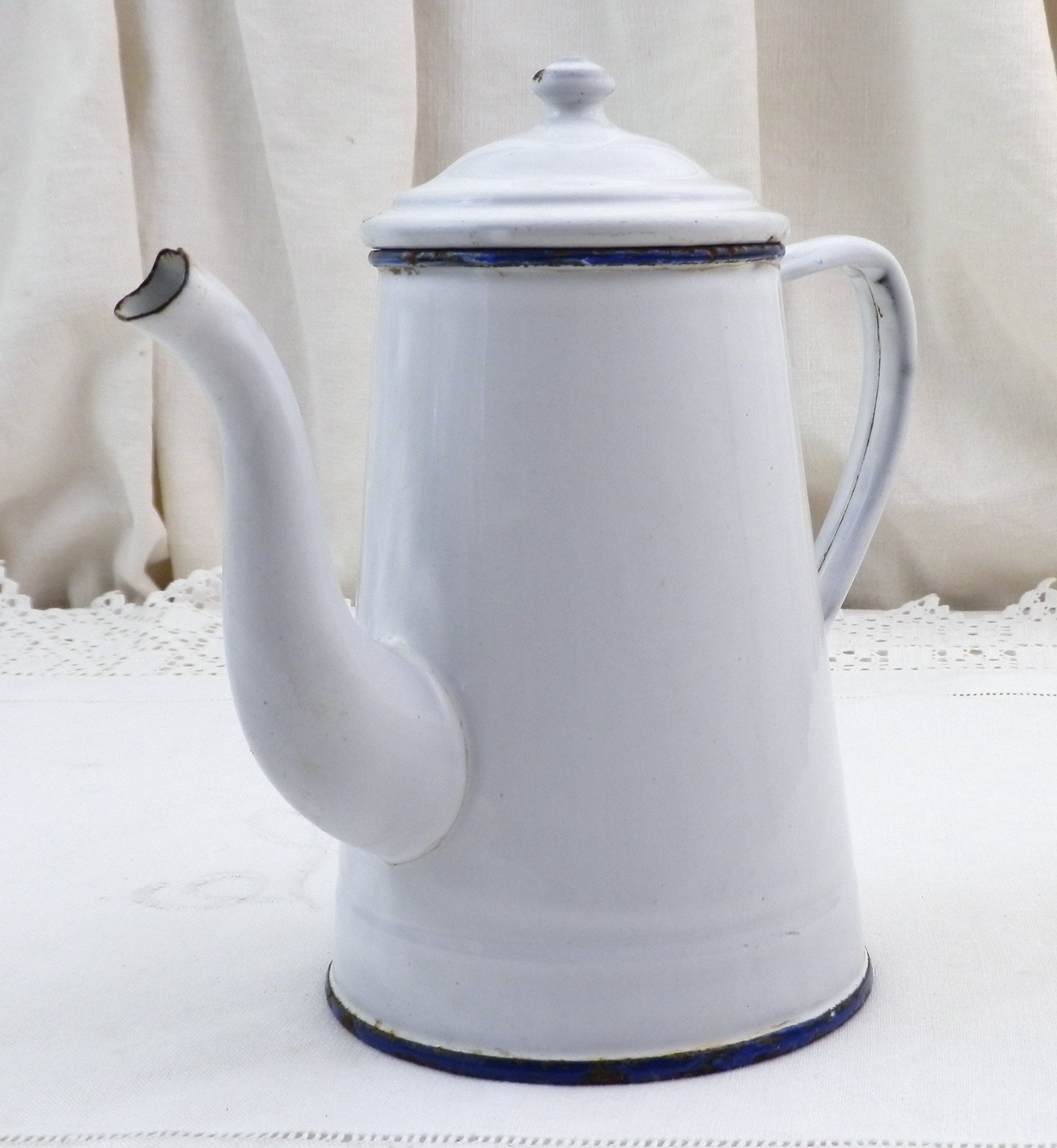 Vintage French White Enamel Porcelain Coffee Pot with Goose Neck Spout