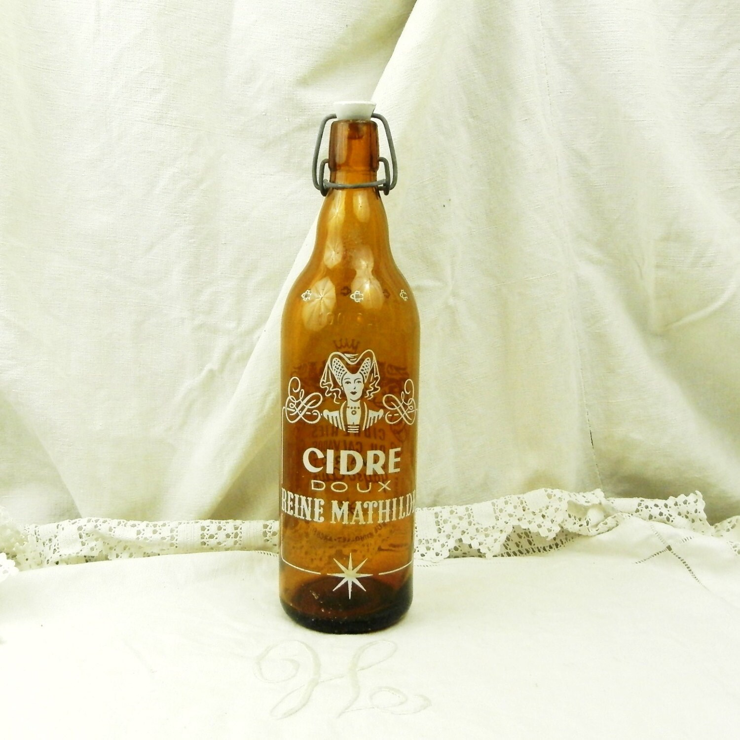 Vintage French Amber Glass Cider Bottle with a Metal and Ceramic Clasp