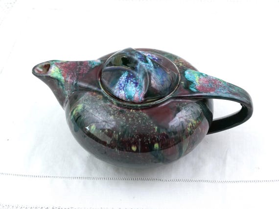 Vintage French Art Deco Colorful Drip Glaze Teapot by Gaston Gaubier of MORVAN Studio Pottery, Retro Green Yellow Psychedelic Tea Drinking