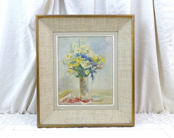 ヴィンテージ フランス 額入り 手描き キャンバス 油絵 花瓶に入った