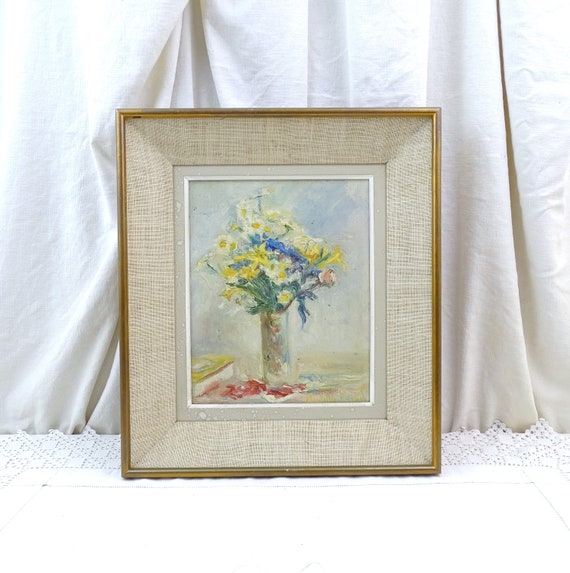 Vintage French Framed Hand Painted Oil on Canvas Floral Composition with Yellow Flowers in a Vase, Still Life Painting Picture, Gallery Wal