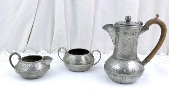 Antique English Hand Beaten Pewter Coffee Set with Pot Creamer and Sugar Bowl by W & Co, Arts and Crafts Style Victorian Tea Set England