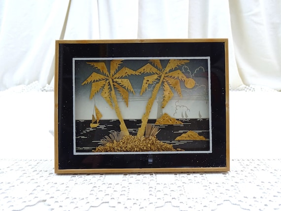 Small Vintage Cut Cork 3D Picture of Exotic Island and Sail Boat, Retro 1980s Seaside Seascape Chinese Shadow Box, Cork Diorama Picture