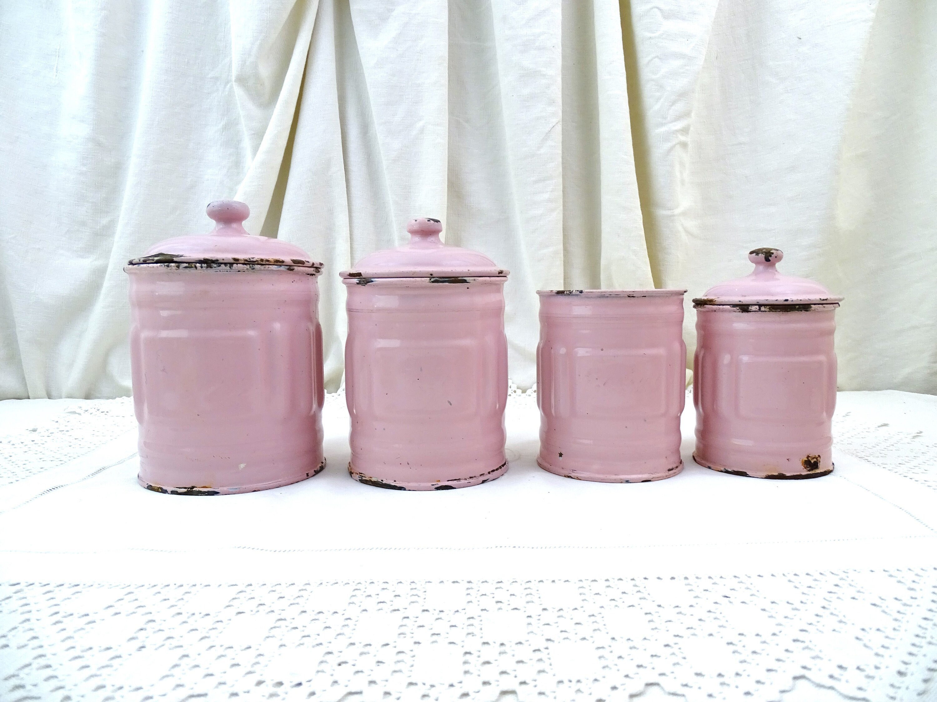 Antique French Chippy Pink Enamelware 4 Piece Canister Set, Retro