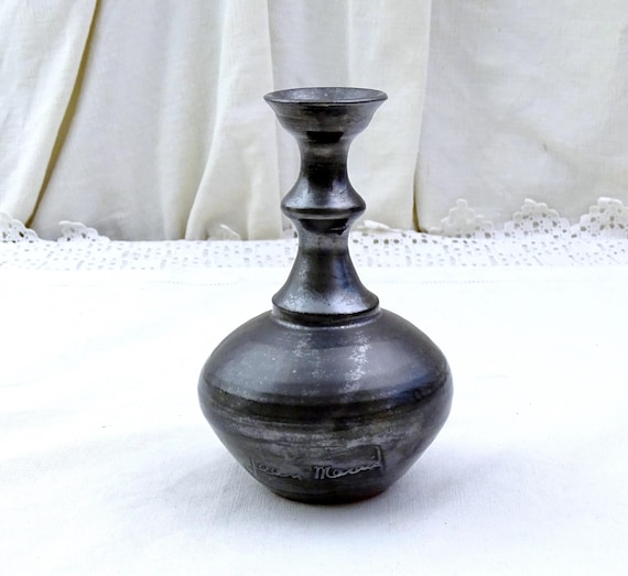 Small Vintage Mid Century Modern Jean Marais Studio Pottery Bud Vase with Black Irradissante Glaze from Vallauris, Retro MCM 1960s China
