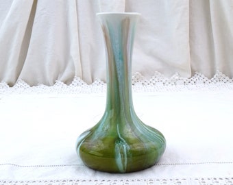 Antique French Ceramic Bud Vase with Long Stem and Drip Green Glaze, Vintage Pottery Drippy Flower Vase from France, Brocante Home Decor