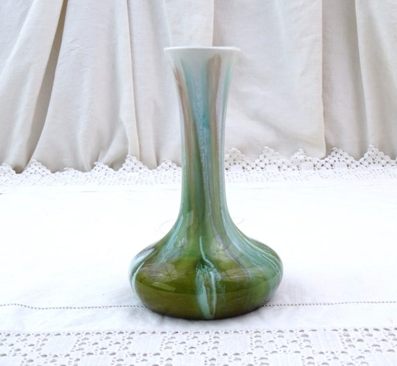Antique French Ceramic Bud Vase with Long Stem and Drip Green Glaze, Vintage Pottery Drippy Flower Vase from France, Brocante Home Decor