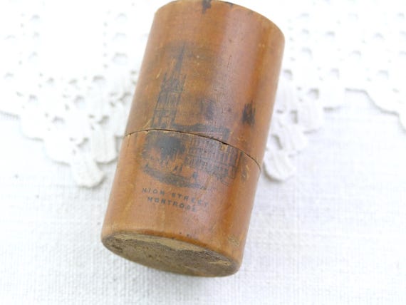 Antique Mauchline Ware Victorian Wooden Round Box For Singer Sewing Machine Needles with Image of the High Street Montrose in Scotland