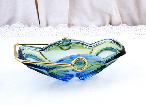 Vintage Mid Century Modern Green and Blue Colored Glass Serving Dish with Yellow Anodized Metal Handle, Retro 1960s Colorful Aperitif Bowl