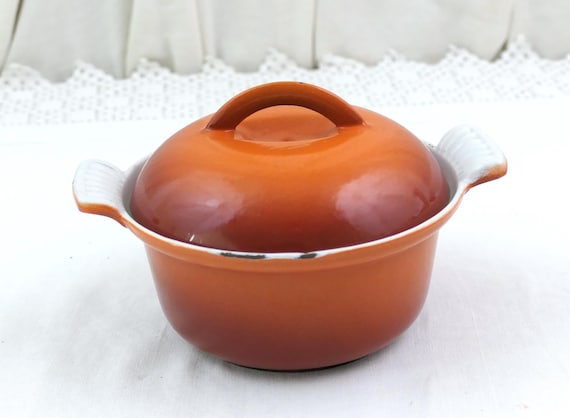 Small Vintage Orange and White Enameled Crock Cooking Pot and Lid, Little Ovenware Enamelware Dish made in Holland, Cooked Kitchenware