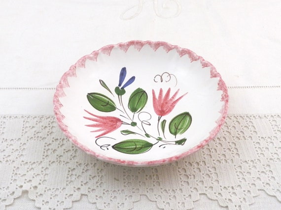 French Vintage Ceramic Hand Painted Dish in Pink White with Green, Retro Artisan Hand Made Pottery Bowl, 1960s China Dish from France