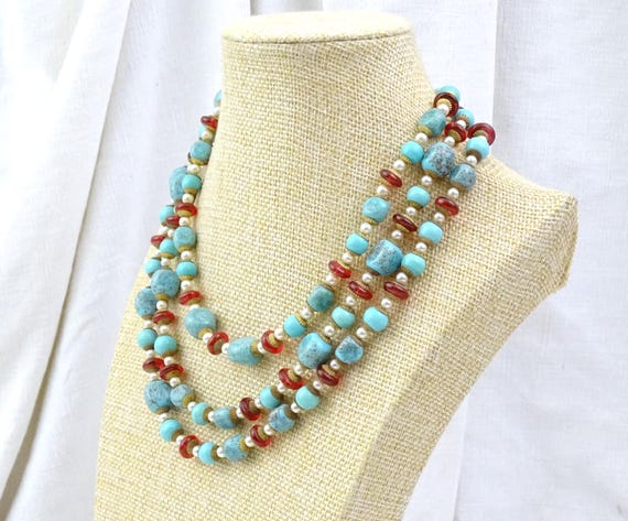 Vintage Murano Venetian Style Triple Strand Beaded Necklace Turquoise Aventurine Glass Beads, Retro Chic Jewelry from Europe Aqua Blue Red