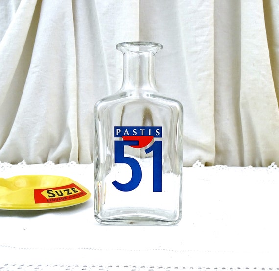 Vintage French 1980s Pastis 51 Square Shaped Clear Glass Water Carafe with Blue and Red Logo, Retro Aperitif Drink Accessory South France