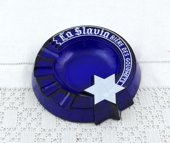 La Slavia Beer Advertising Glass Ashtray, French Brewery Collectible, Cobalt Blue Barware, Pub Memorabilia, Mid Century Tobacco Accessory