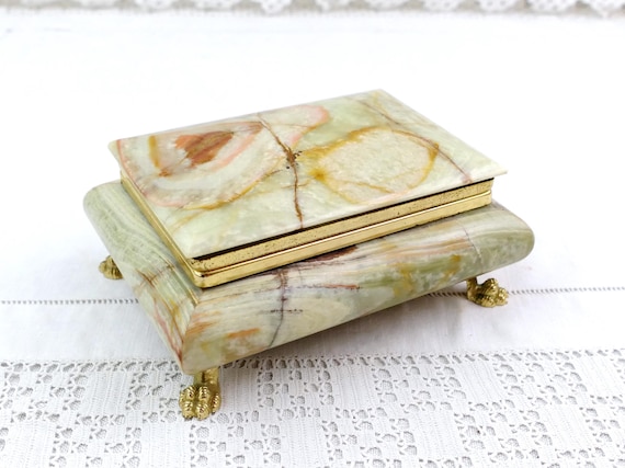 Vintage 1970s Italian Rectangular Green and Brown Veined Agate Trinket Box with Loins Paws Feet, Retro Jewelry Stone Container from Italy