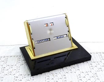 Vintage Franse bureau eeuwigdurende kalender uit het midden van de eeuw, retro jaren 1950 kantoor zilver decor Frankrijk, oude stijl datums en dagen bureauaccessoire Frankrijk