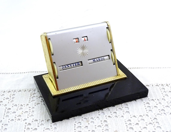 Vintage French Mid Century Desk Perpetual Calendar, Retro 1950s Office Silver Decor France, Old Style Dates and Days Desk Accessory France