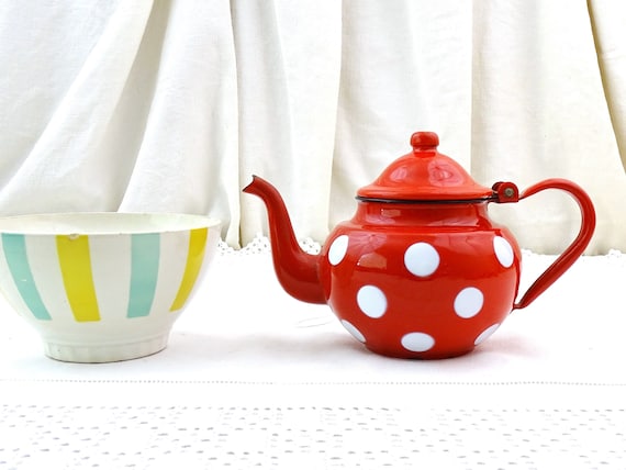 Small Vintage Chippy Red and White Polka Dot Enamelware Tea Pot, Bright Colorful Porcelain Spotty Enamel Farmhouse Kitchen Decor From France