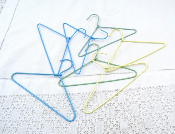 Set of 7 Vintage French Blue Green and Yellow Dolls Clothes Wire Hangers, Retro 1960s Dolls House Accessory France, Coathanger for Dolly