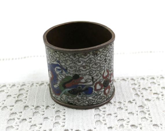 Antique Cloisonné Napkin Holder with Blue Dragon Pattern, Retro 19th Century Enameled Metal Serviette Ring China Asia, Victorian Tableware