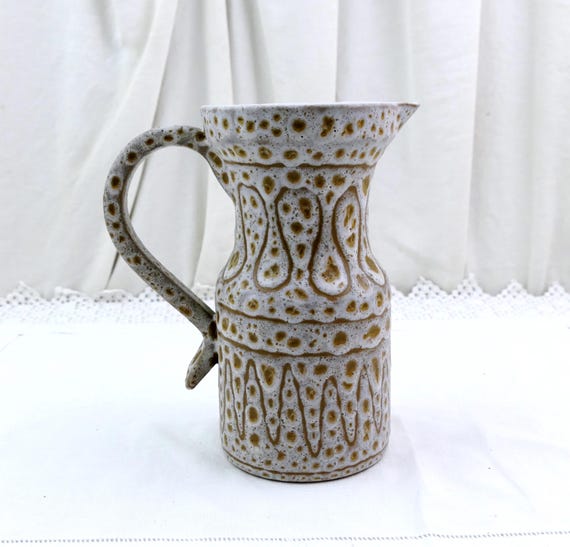 Vintage French Mid Century Modern Vallauris Studio Pottery Vase / Pitcher Jean Austruy in White and Sand Brown, Retro 60s Minimalist France