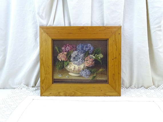 Vintage Framed Still life Original Oleograph Print of Hydrangeas Flowers with Wooden Frame, Retro Cottagecore Country Floral Wall Art Print