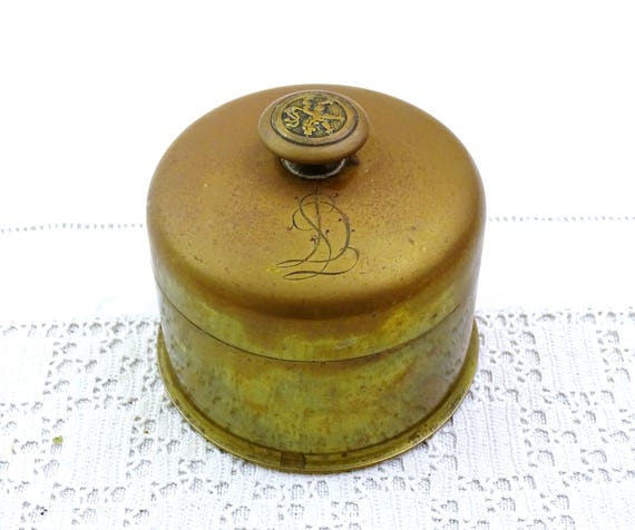 Antique Trench Art Round Box made from a Shell and Bavarian Army Button Monogram DL, Vintage Collectible WW1 Brass Container Soldier France