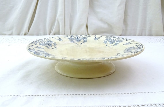 Antique French Ironstone Ceramic Comport Dish Porcelaine Opaque de Gien Terre de Fer Flower Pattern, Pedestal Cake Stand / Fruit Bowl
