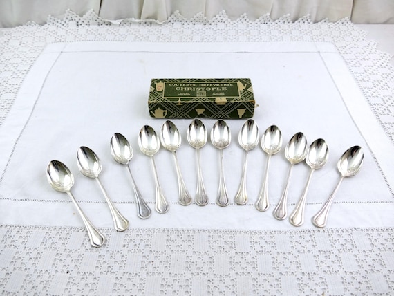 Vintage French Set of 12 Silver Plated Christofle Tea Spoons Model Printania, Retro Dinner Cutlery France, Old Style Classic Chateau Design