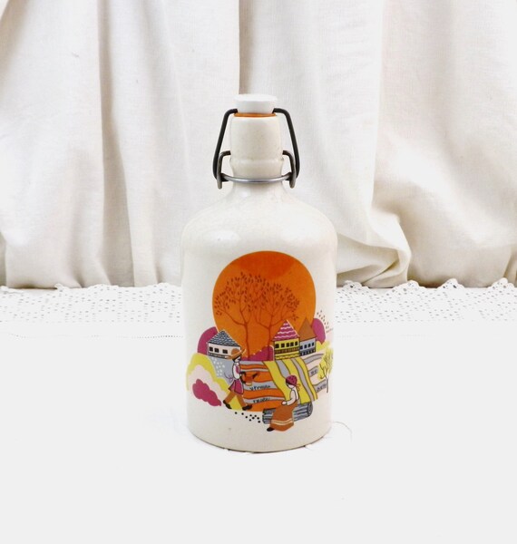 French Vintage 1960s Grespot Digoin Ceramic Clasp Flip Top Bottle With Stylized Graphics, Retro 60s  70s Eco Friendly Liquid / Water Storage