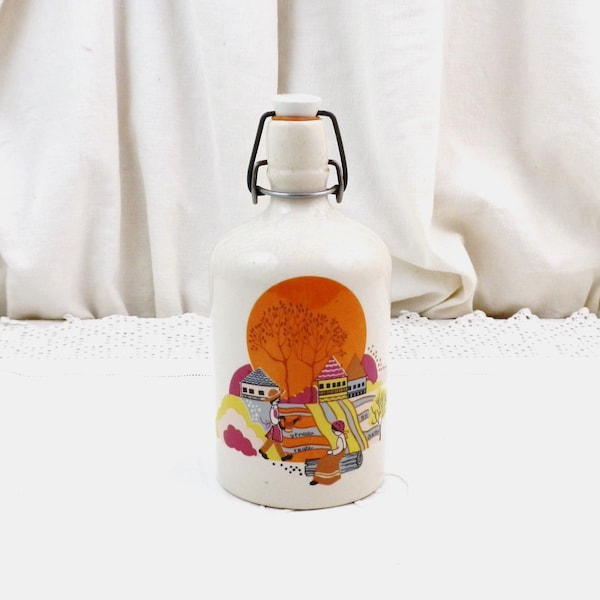 French Vintage 1960s Grespot Digoin Ceramic Clasp Flip Top Bottle With Stylized Graphics, Retro 60s  70s Eco Friendly Liquid / Water Storage