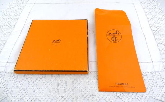 Vintage French Empty Orange Hermes Scarf Box with Envelope and Labels, Retro Used High Fashion Packaging From France, Parisian Mode de Paris