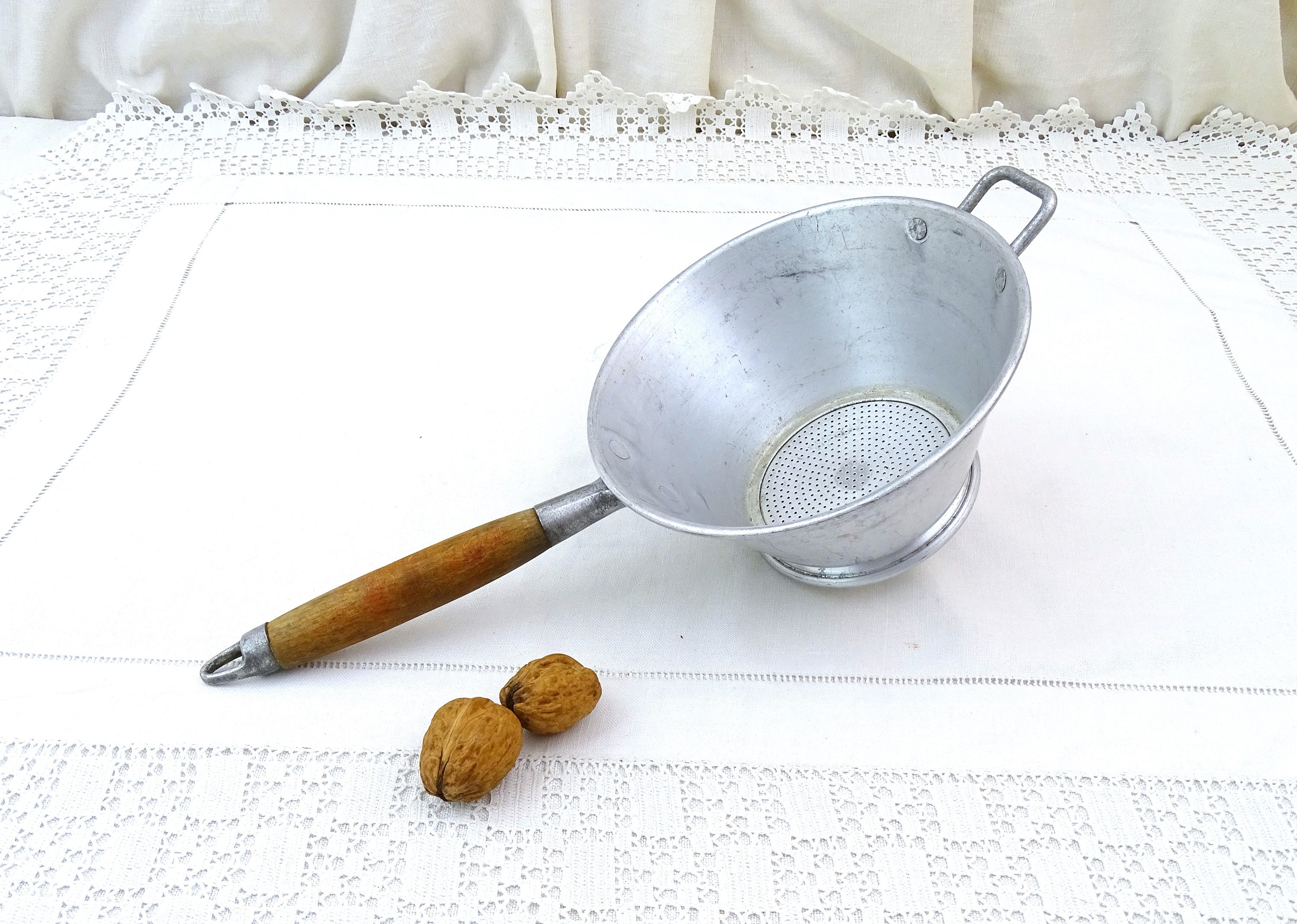 Vintage French White Metal Kitchen Strainer / Colander with Wooden