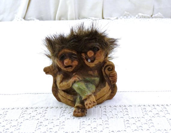 Vintage Norwegian Figurine by Fosse Troll with 2 Hairy Trolls Seating in a Boat, Retro Statuette from Norway, Scandinavian Legend Tale