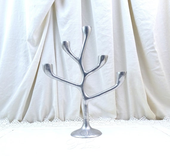 Vintage 5 Branch Mid Century Silver Tone Cast Metal Candelabra, Retro 1960s Candle Holder, Minimalist Organic 1970s Candle Stick from France