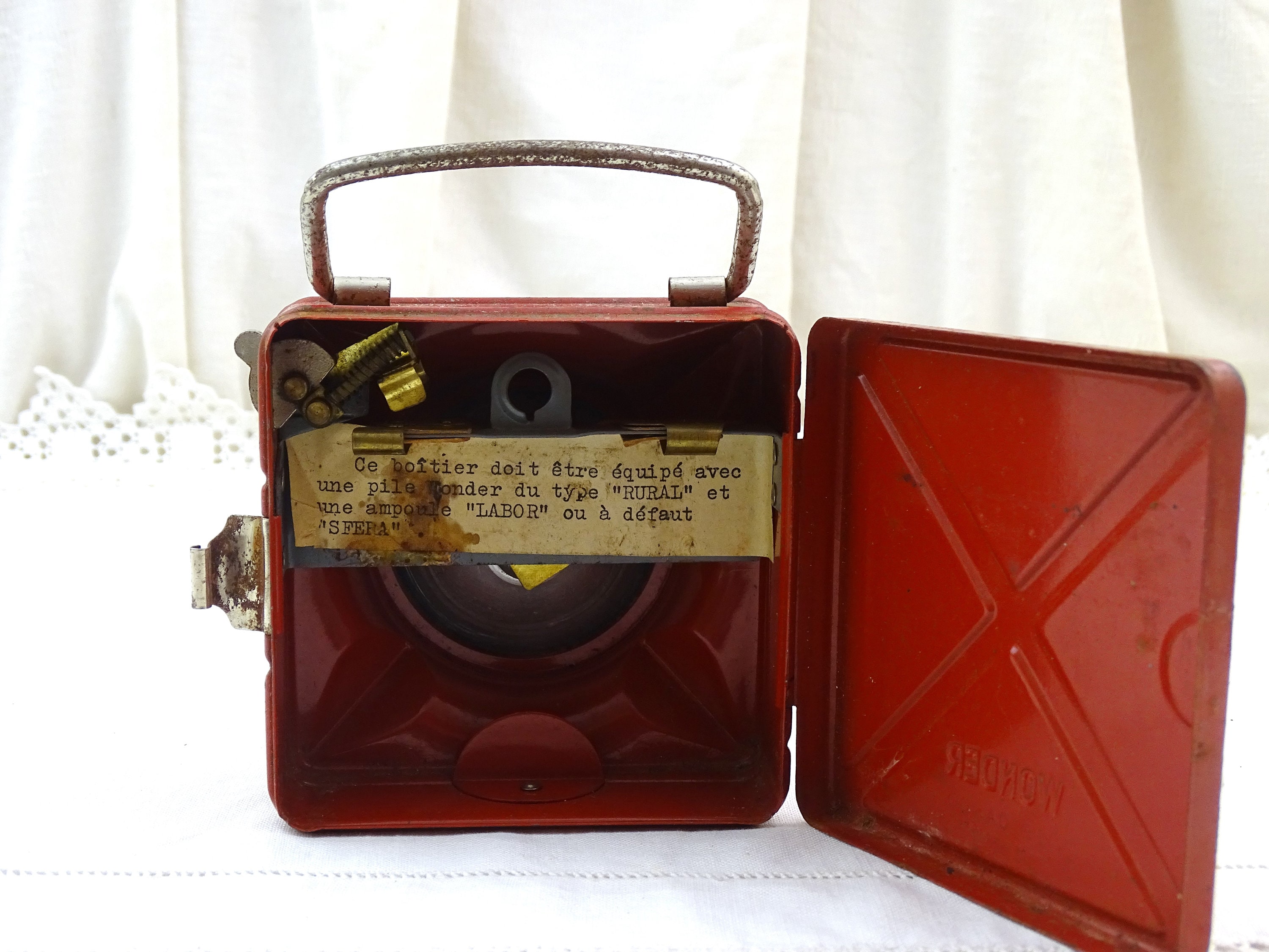 Vintage French Square Red Metal Hand Held Flashlight By Wonder
