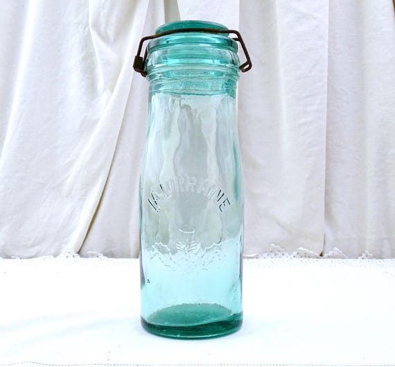 Large Antique French Green Glass Canning Mason Jar 1 Liter 2.11 Pints La Lorraine, French Country Cottage Farmhouse Kitchen Storage Decor