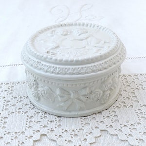 Antique French White Glazed Powder Pot with Classical Cherub Roses and Ribbon Pattern, Vintage Ceramic Bonbonnière Romantic Angels Design image 9