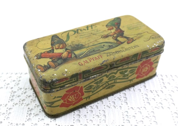 Antique Lithographed Metal Tin Box for Pfaff Sewing Machine Parts with Fun Graphics Small Gnomes, Retro Vintage Fun 19th Century Storage